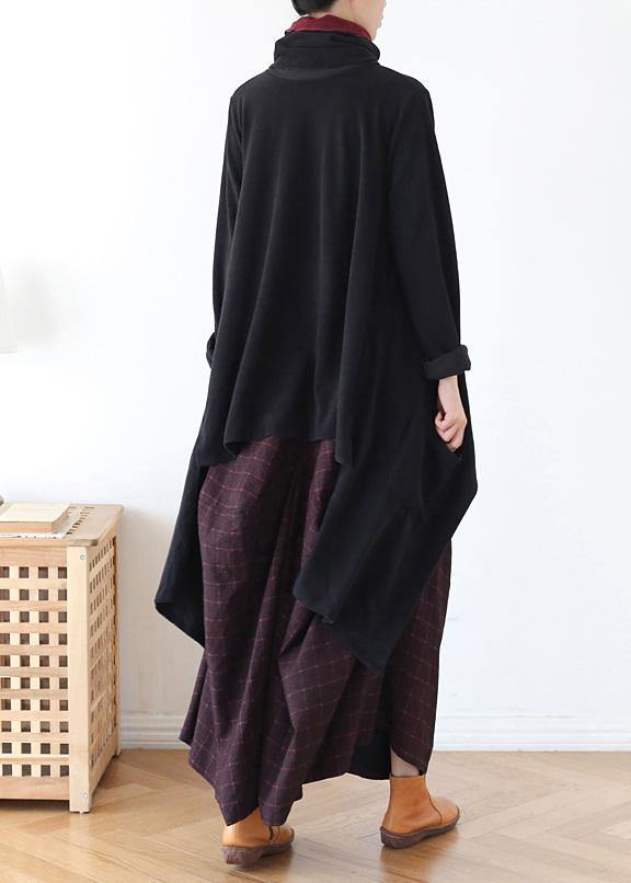 Women black knit blouse asymmetric hem oversize high neck knit tops
