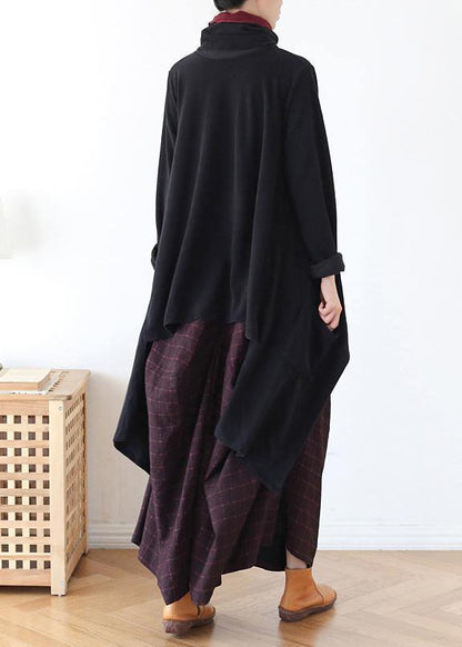 Women black knit blouse asymmetric hem oversize high neck knit tops