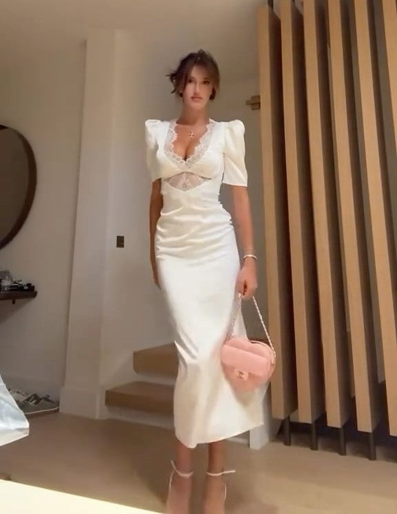 Sexy Lace V-neck Stitching Solid Color Slim Dress