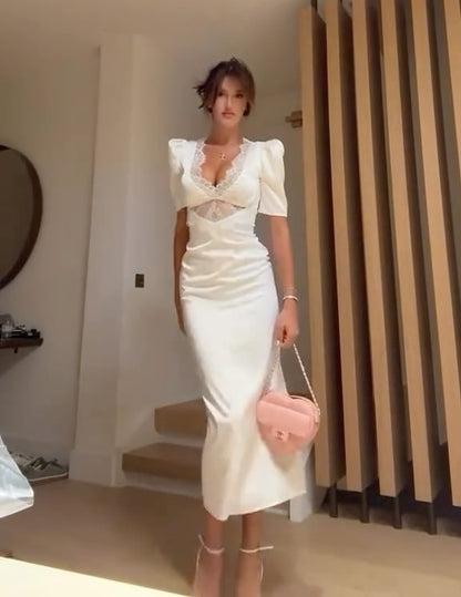Sexy Lace V-neck Stitching Solid Color Slim Dress