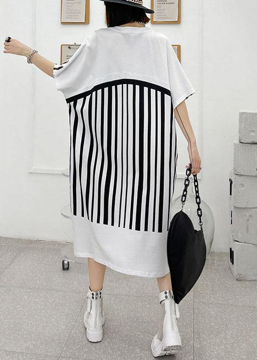 Chic White Striped Cotton Dress V Neck Summer Long Dresses