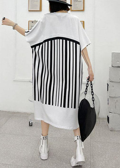 Chic White Striped Cotton Dress V Neck Summer Long Dresses