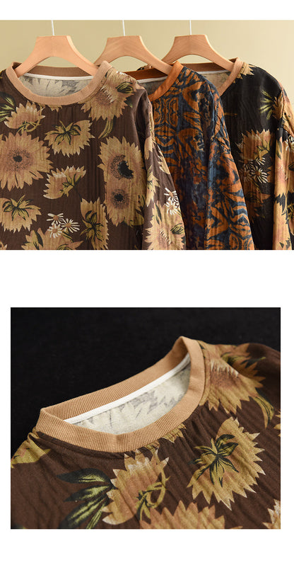 Large Size Slim Round Neck Printed Retro Casual Loose Sweater