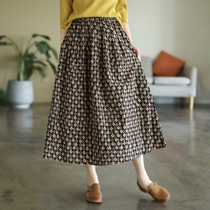 Cozy Loose Retro Print Cotton Linen A-Line Skirt