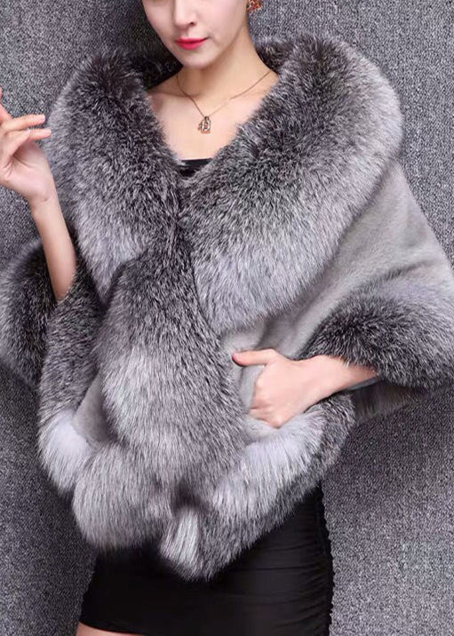 French Grey Warm Faux Fox Fur Ladies' Shawl Winter