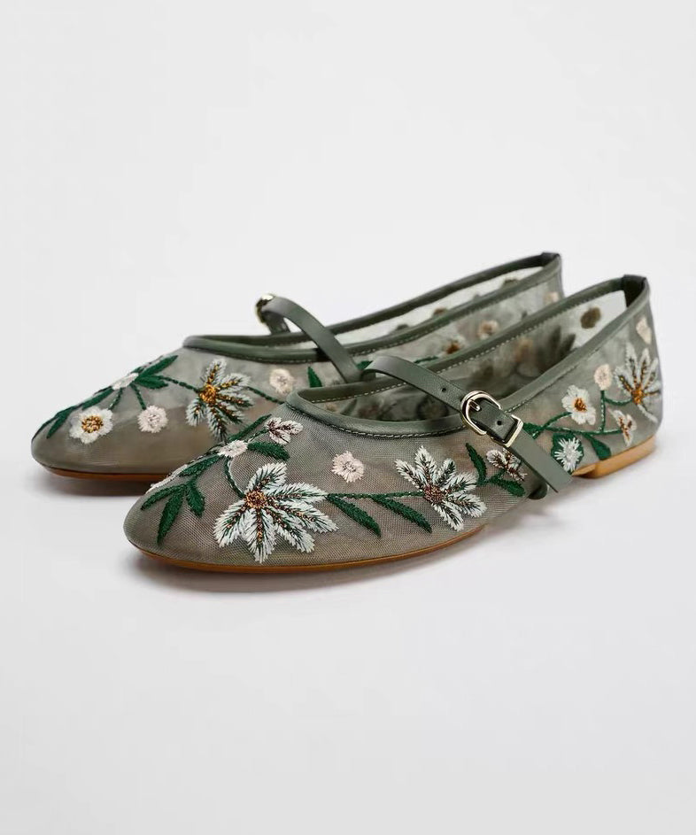 Women Splicing Flat Shoes Green Breathable Mesh Embroidered