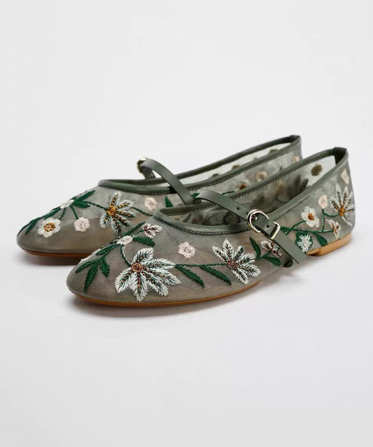 Women Splicing Flat Shoes Green Breathable Mesh Embroidered