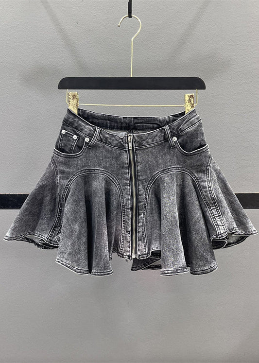 French Blue Ruffled Patchwork Denim Zippered Skirt Summer