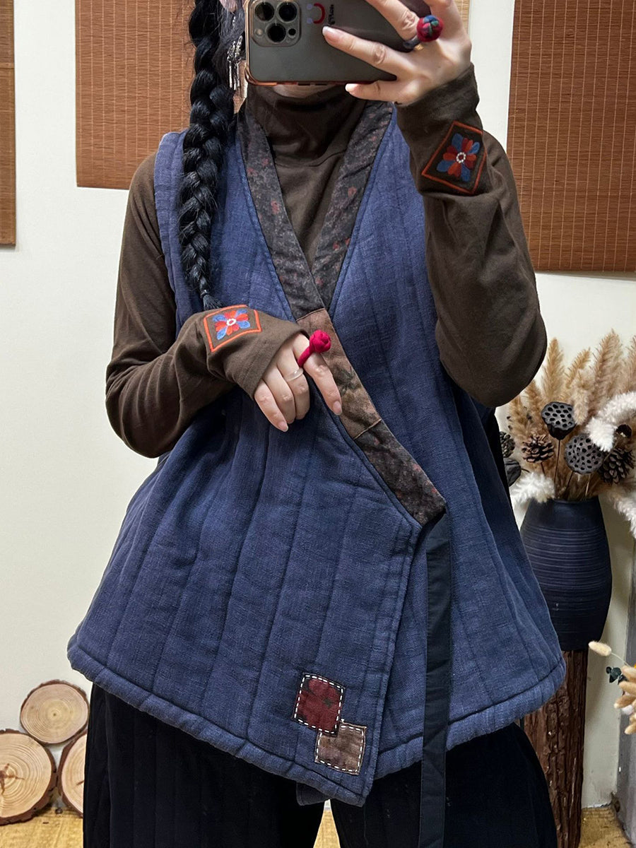 Women Winter Ethnic Style Patch Loose Belt V-Neck Vest
