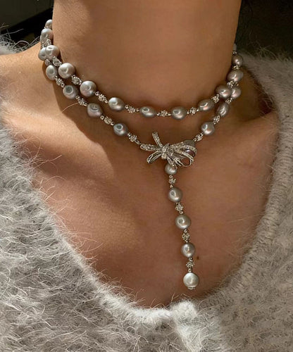 Elegant Grey Bow Multi-layer Pearl Necklace