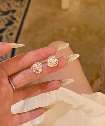 Cute Beige Sterling Silver Overgild Entangle Pearl Stud Earrings