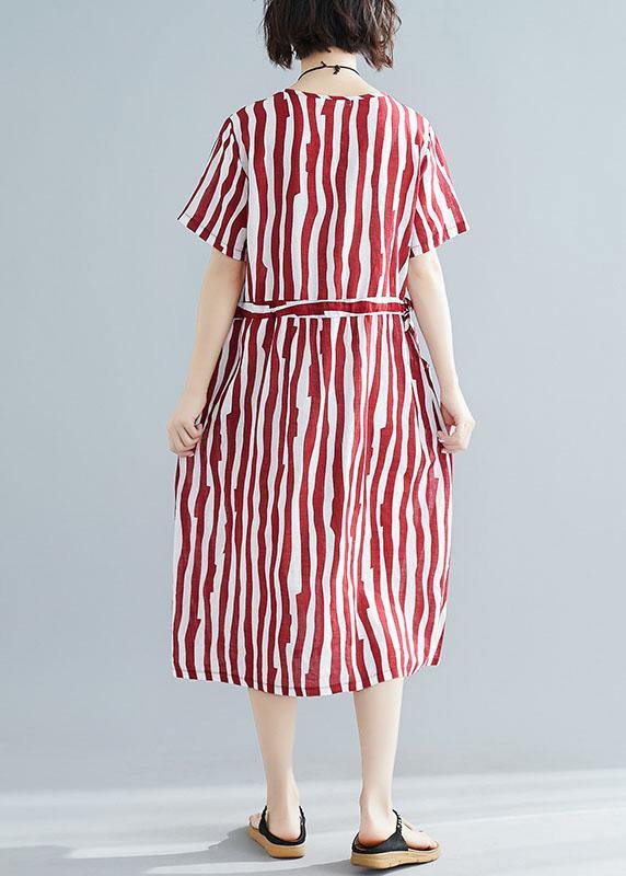 Handmade red striped clothes Women o neck drawstring Art summer Dress