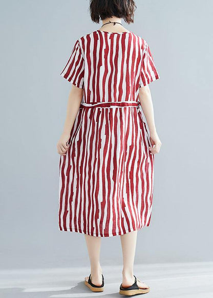 Handmade red striped clothes Women o neck drawstring Art summer Dress