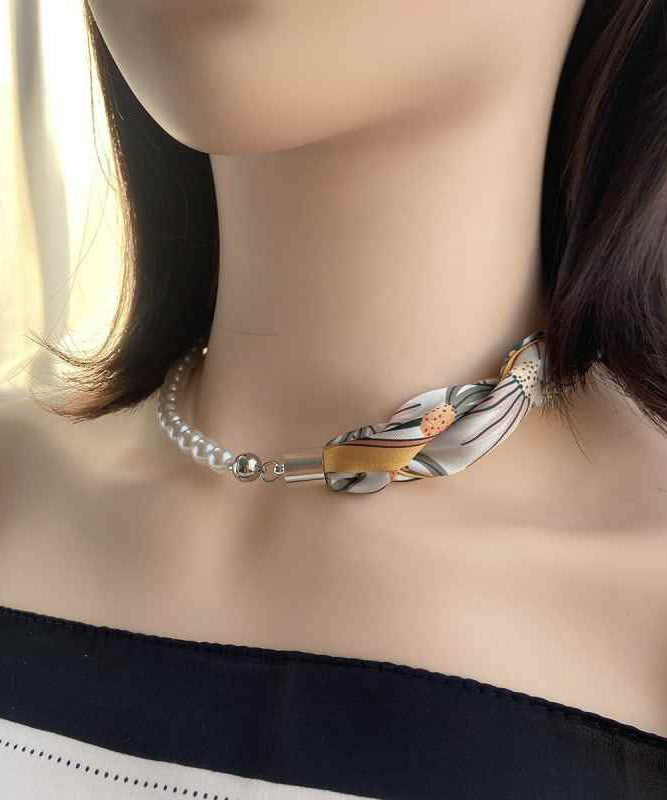 Modern Coffee Print Stainless Steel Scarf Patchwork Pearl Necklace