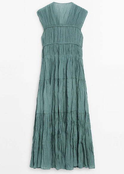 Women Blue V Neck Wrinkled Lace Up Cotton Long Dresses Summer