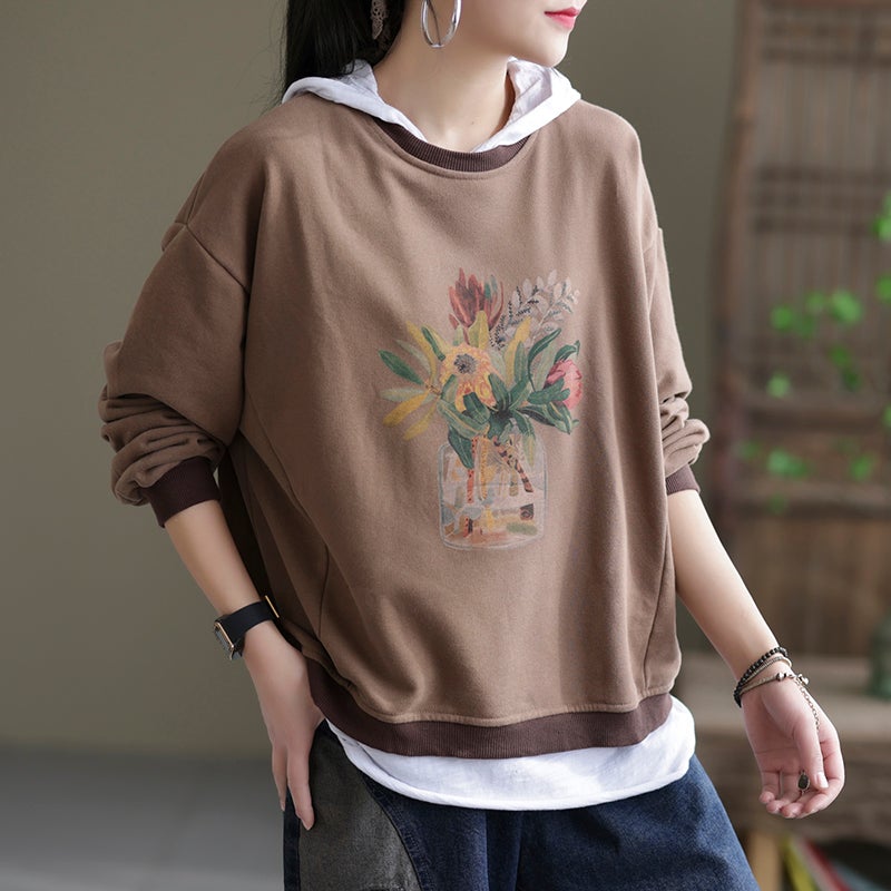Women  Loose Casual Foral Cotton Sweater