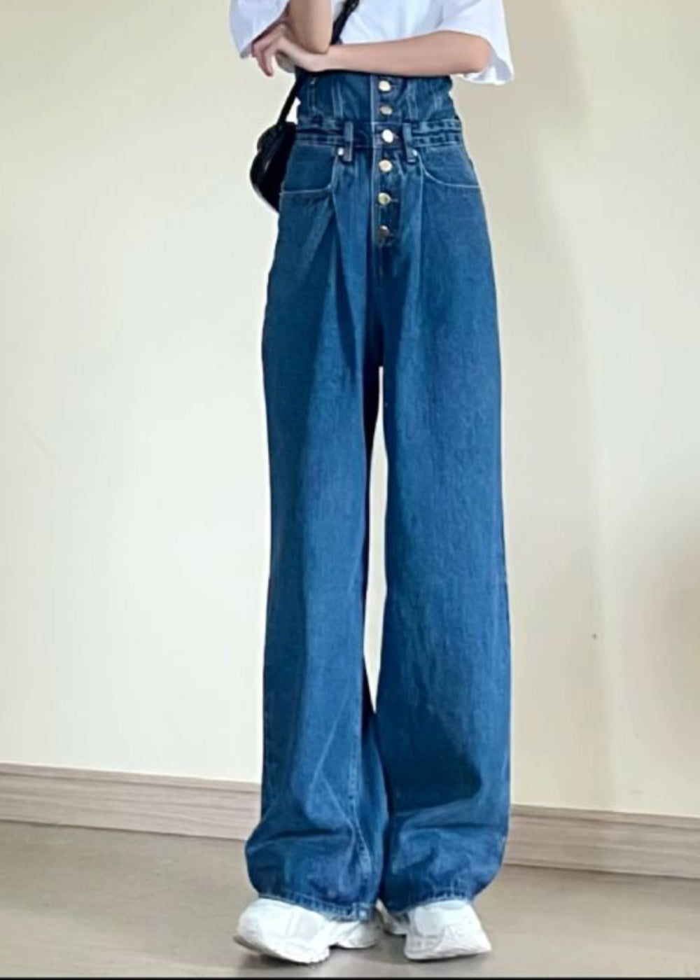 Women Blue High Waist Pockets Patchwork Straight Jeans Fall
