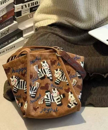 Retro Brown Little Zebra Appliqued Velour Shoulder Bags