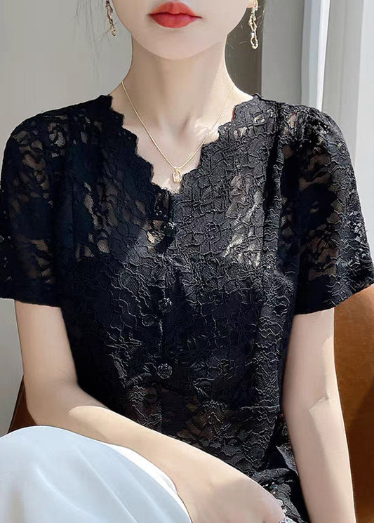 Black Hollow Out Solid Lace Summer Shirt V Neck