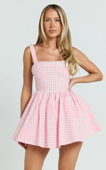 Caitlin Mini Dress - Gingham Square Neck Fit And Flare Dress In Pink