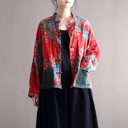 Vintage Blouse Stand Collar Large Flower Long-Sleeved Jacket