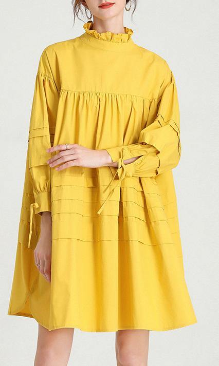 Plus Size Yellow Stand Cotton Bow Spring Maxi Dresses