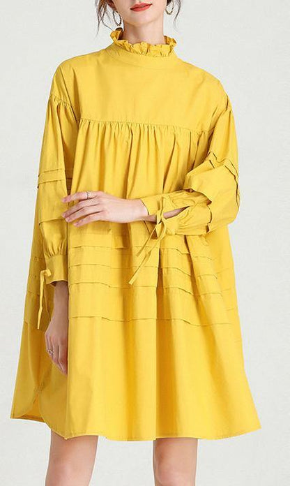 Plus Size Yellow Stand Cotton Bow Spring Maxi Dresses
