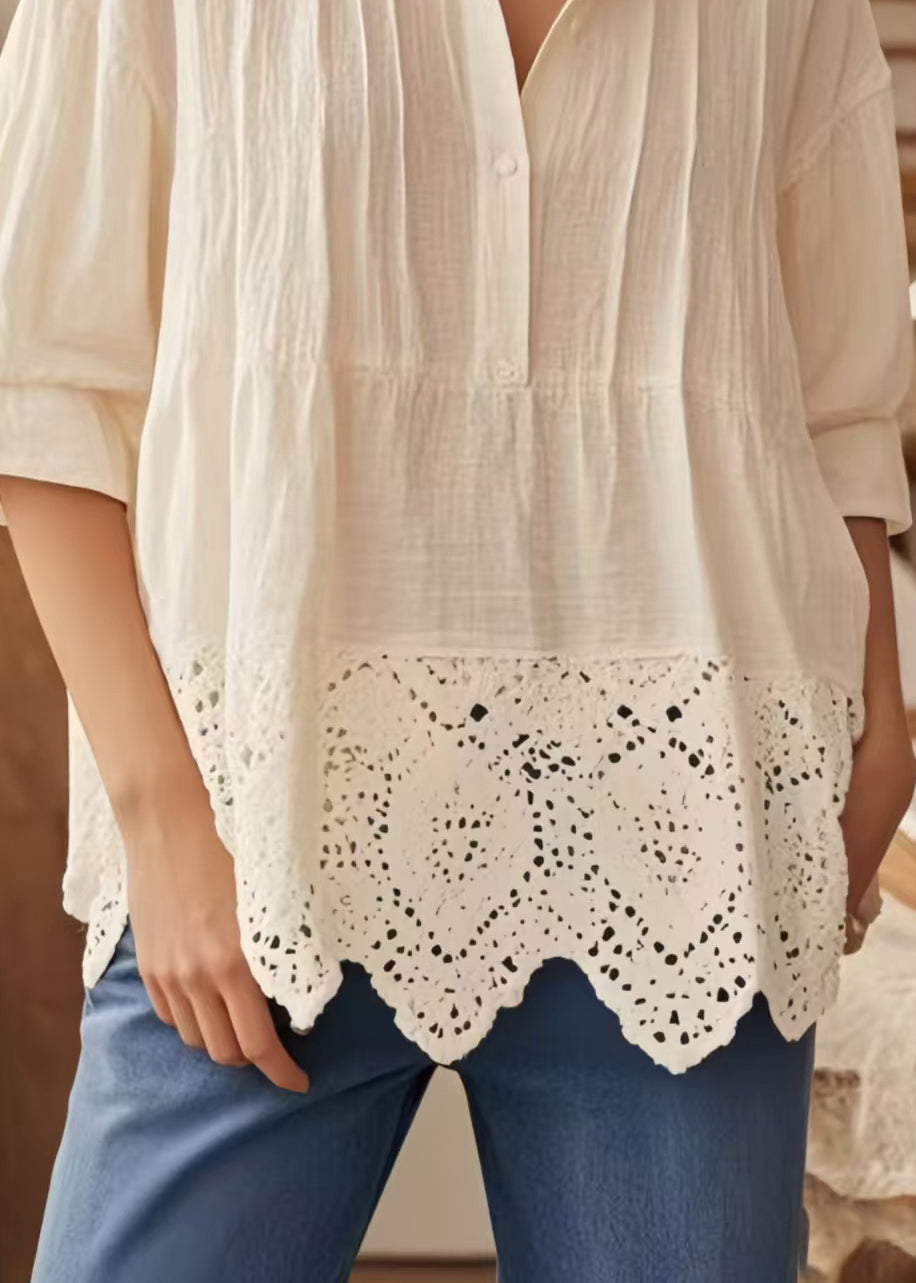 Chic Apricot Oversized Patchwork Lace Blouse Top Half Sleeve