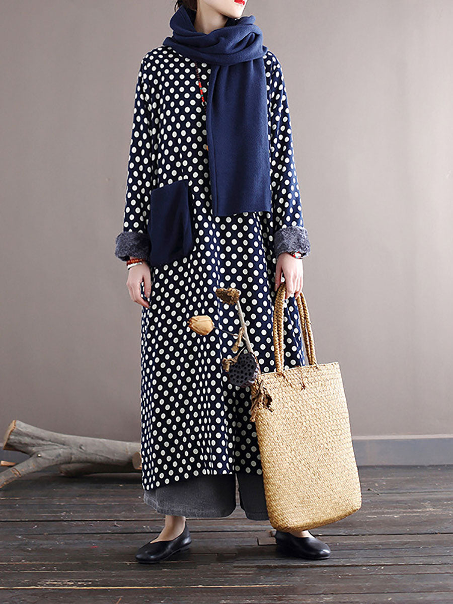 Women Vintage Dot Pocket Loose Thick Dress