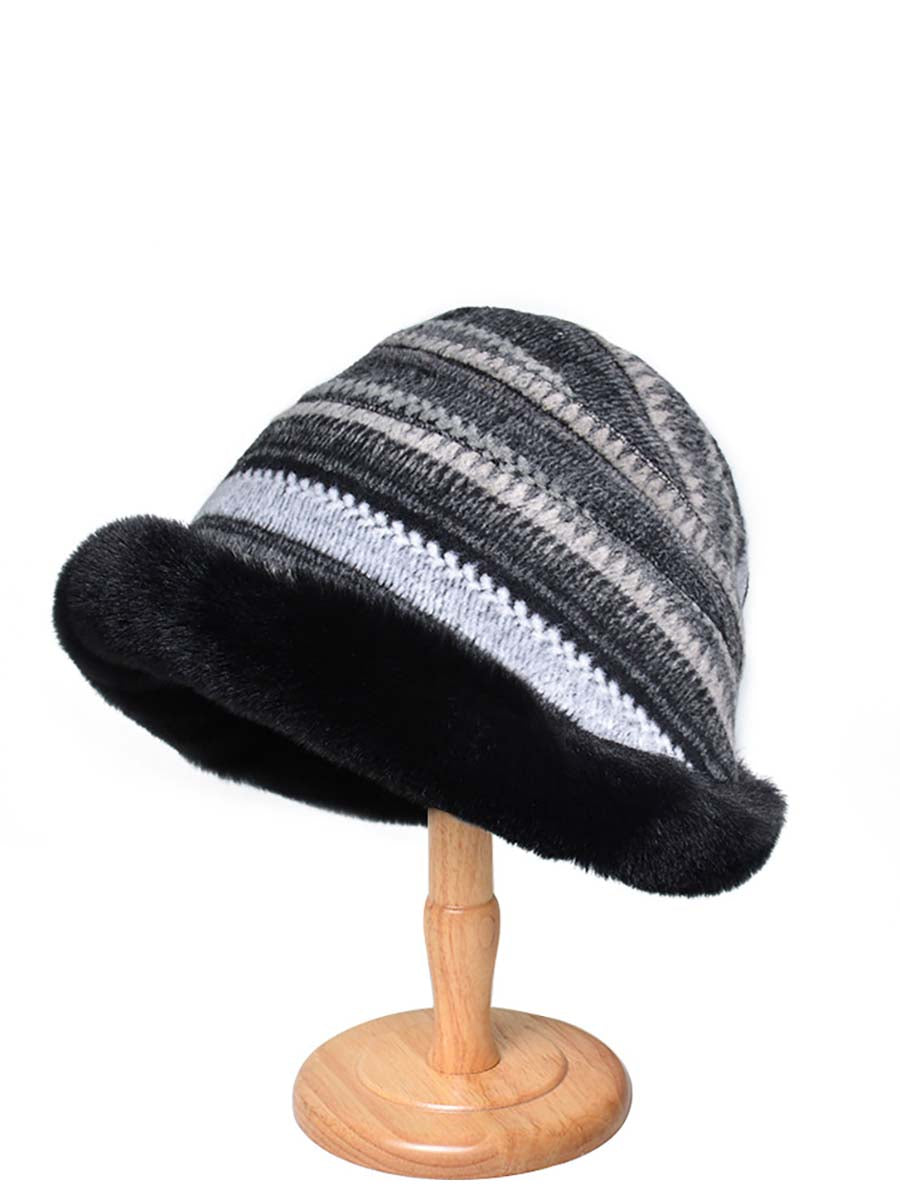 Women Winter Knitted Wool Liner Hat-Khaki-Black