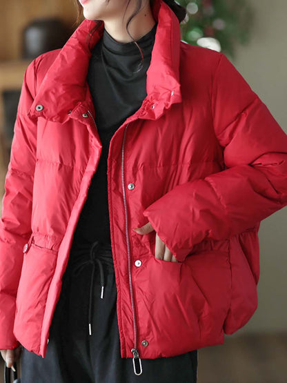 Women Casual Zipper Pocket Solid Warm Down Coat