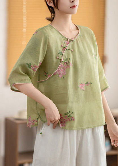 Vintage Yellow O Neck Oriental Button Linen Shirt Summer