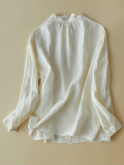 100% Linen Stand Collar Loose Solid Shirt In One-Size