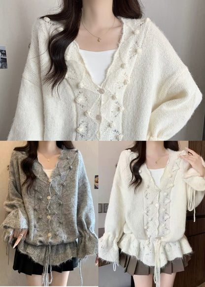 Bohemian White Fuzzy Ball Decorated Drawstring Knit Cardigans Fall
