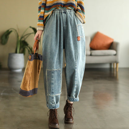 Women Retro Patchwork Embroidery Cotton Harem Jeans