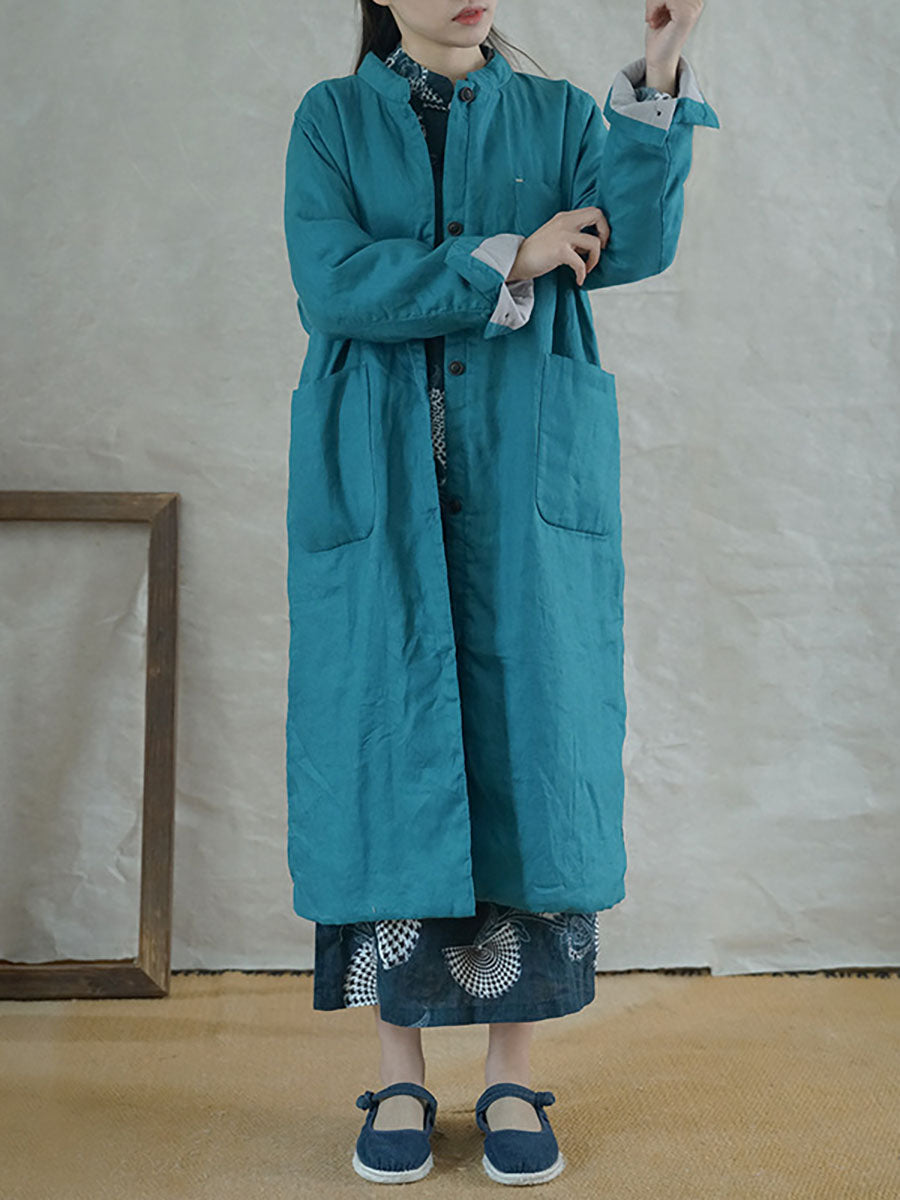 Women Winter Casual Button Pocket Solid Padded Coat