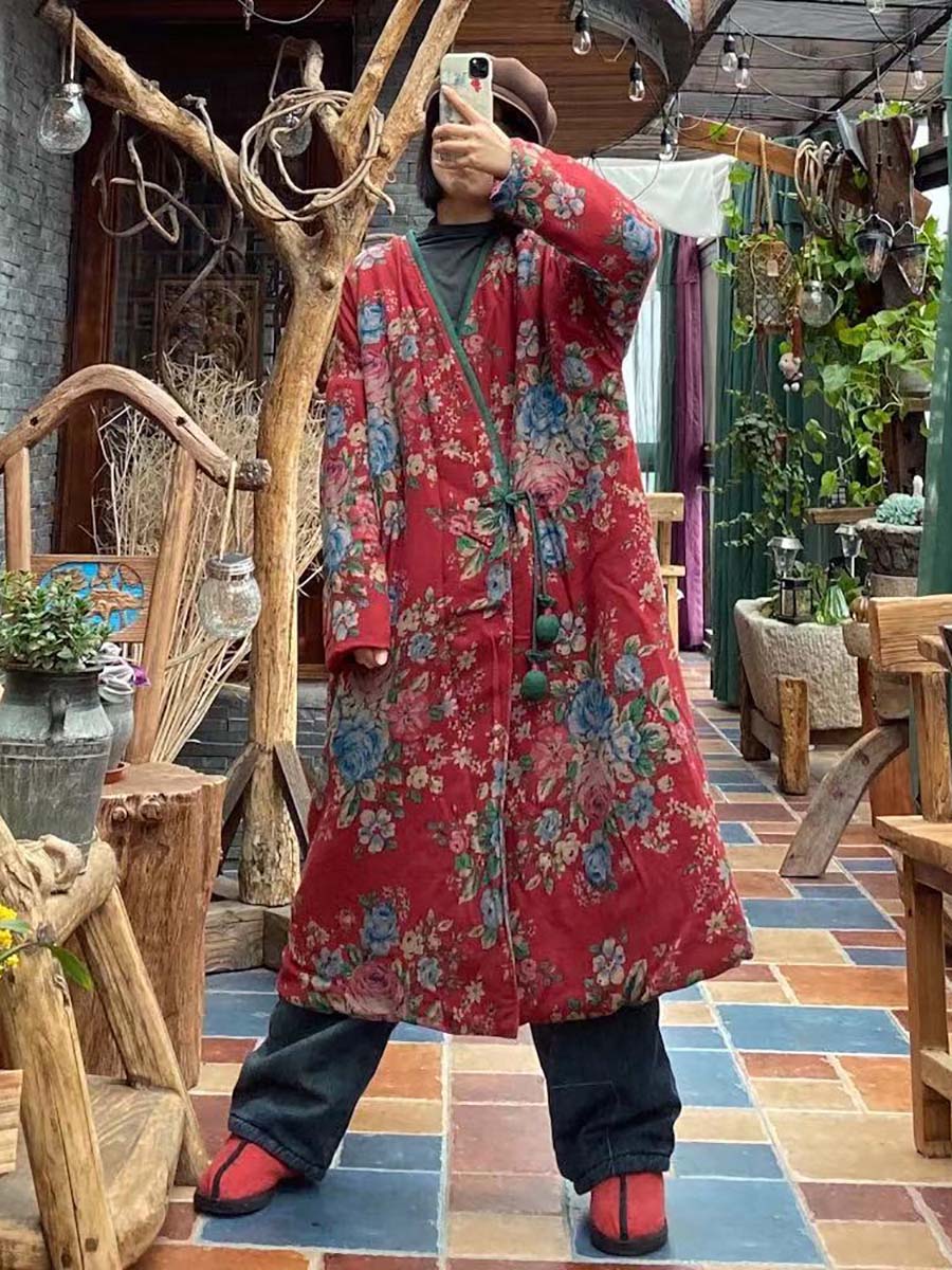 Women Floral Print Ethnic Button Shawl Coat