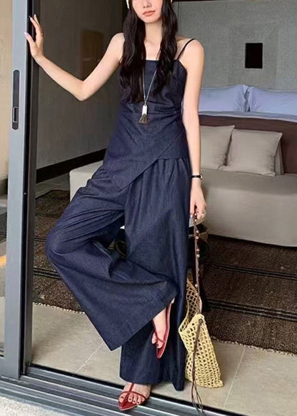 Elegant Navy Asymmetrical Silm Fit Denim 2 Piece Outfit Summer