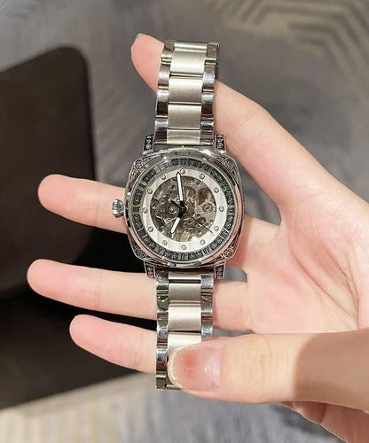 Modern Silk Stainless Steel Patchwork PU Hollow Out Machinery Watches
