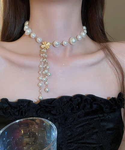 Elegant White Alloy Pearl Floral Tassel Pendant Necklace