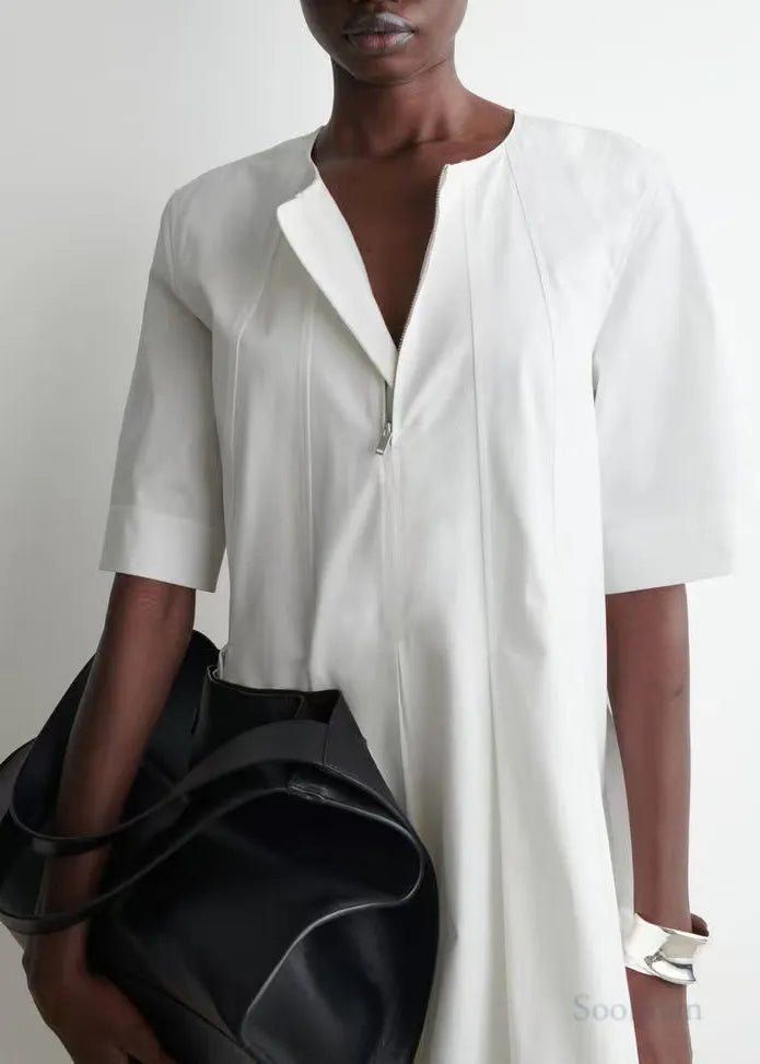 Plus Size White Zip Up Cotton Day Dress Half Sleeve