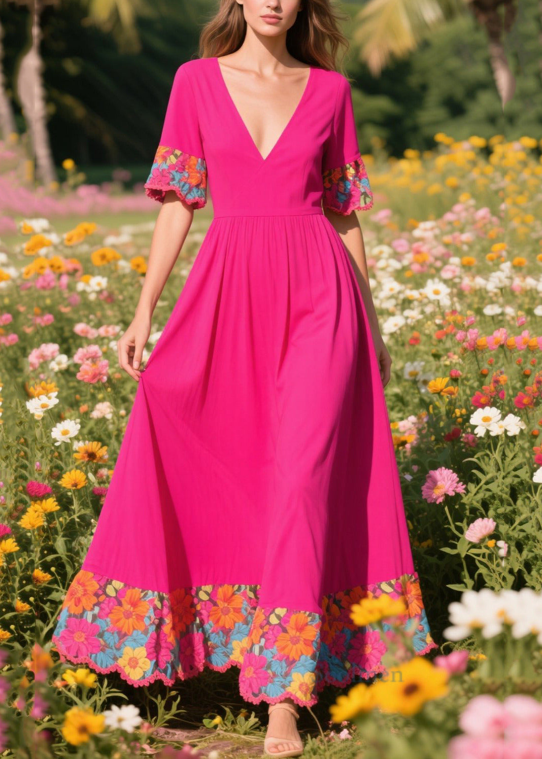 Fine Rose Patchwork Exra Large Hem Cotton Vacation Dresses Summer