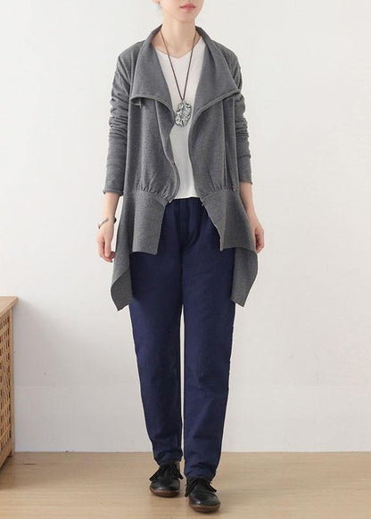 Chic Grey Peter Pan Collar Zippered Fall Short Coat
