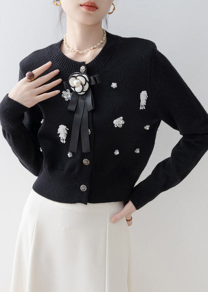 Italian Black O-Neck Floral Knit Cardigans Winter