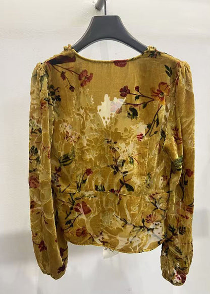 Vintage Yellow V Neck Ruffled Button Silk Velour Shirt Fall