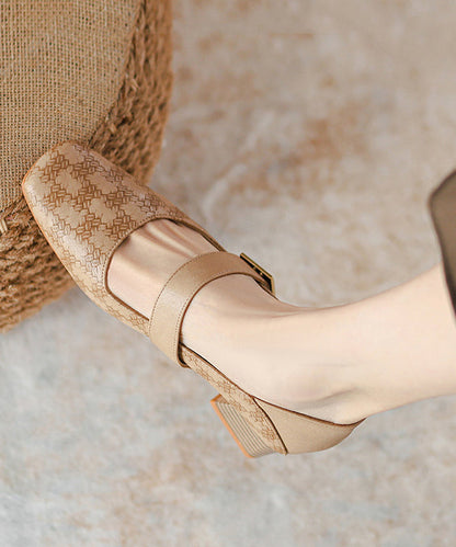 Khaki Faux Leather Buckle Strap Splicing Chunky Heel