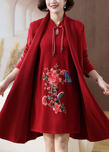 Retro Red Print Pockets Woolen Coats And Mid Dress Two Pieces Set Fall