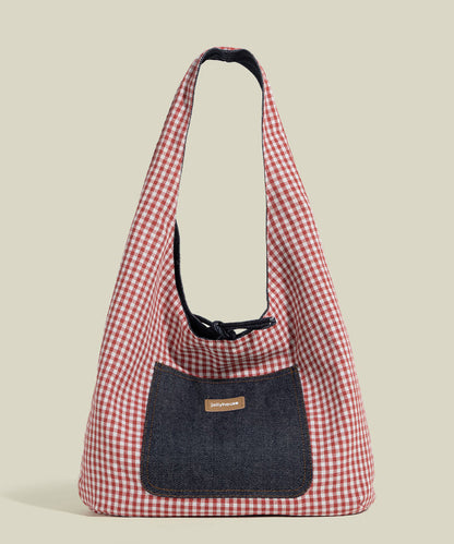 Boho Red Plaid Patchwork Large Capacity Canvas Satchel Handbag