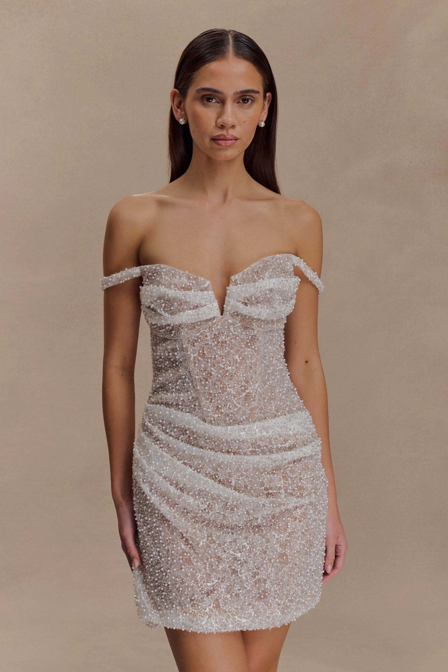 Connie Beaded Bodycon Mini Dress - Nude