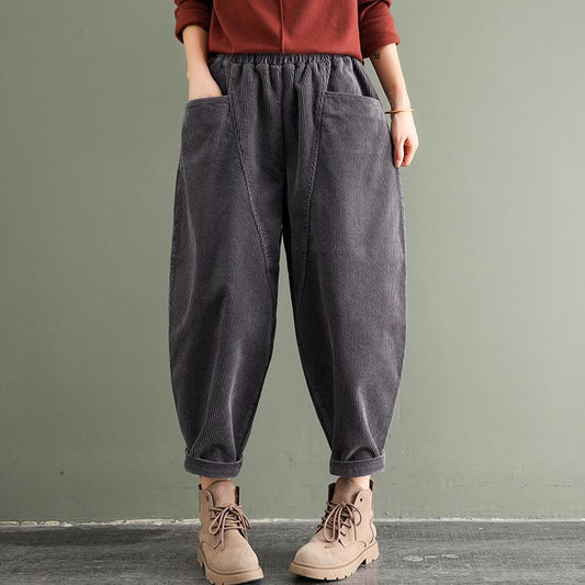 PLUS Size - Elastic Waist Corduroy Cotton Pants